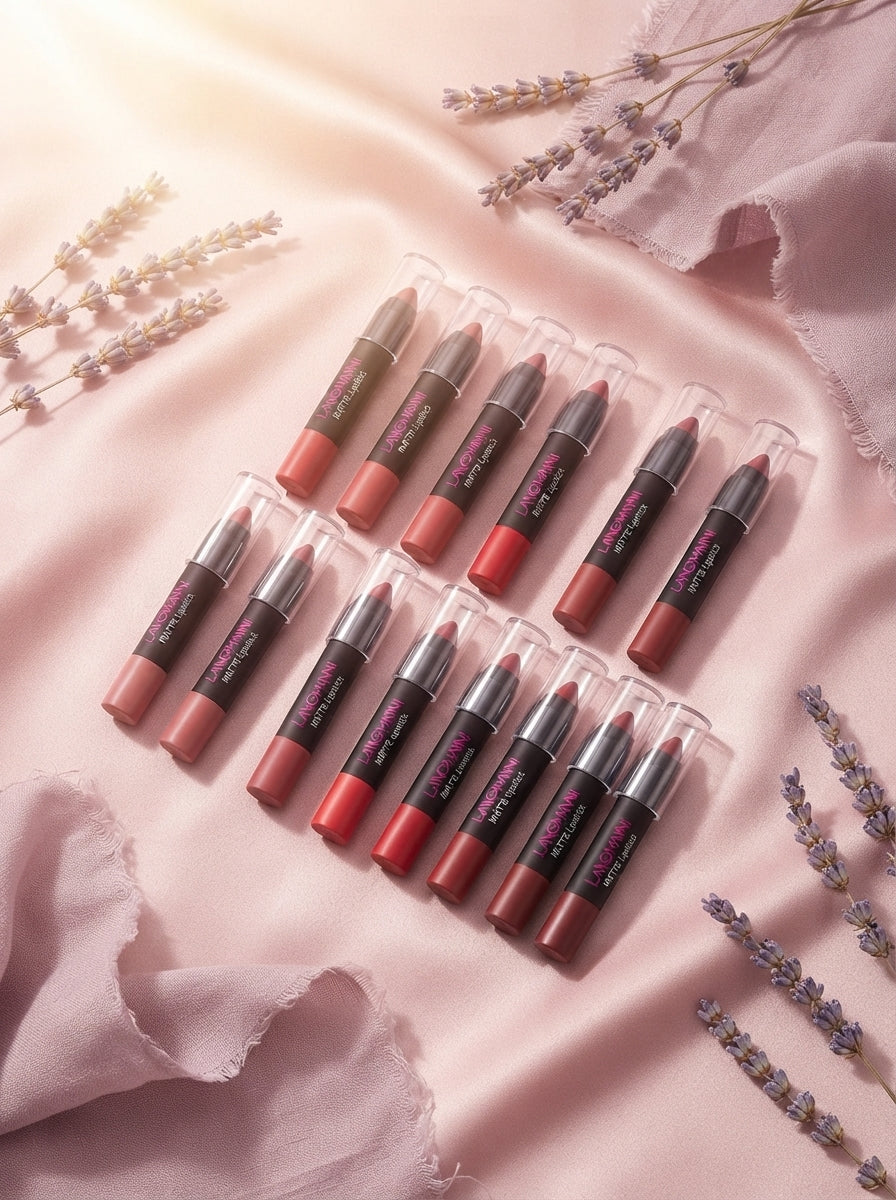 A 12-piece lipstick set arranged in a flat-lay style on blush pink fabric with lavender and mauve decorative accents.